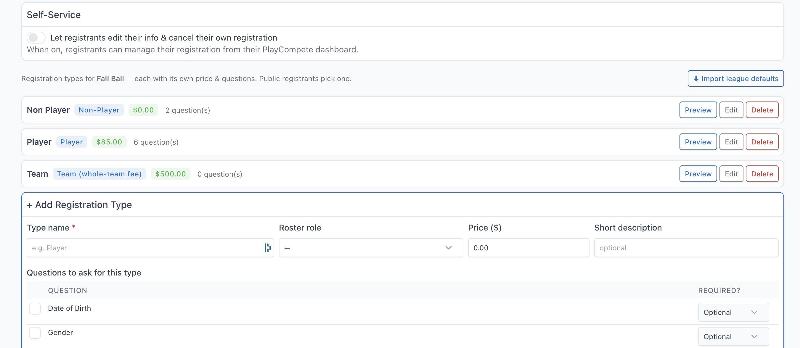 League registration setup, showing registration types and custom questions