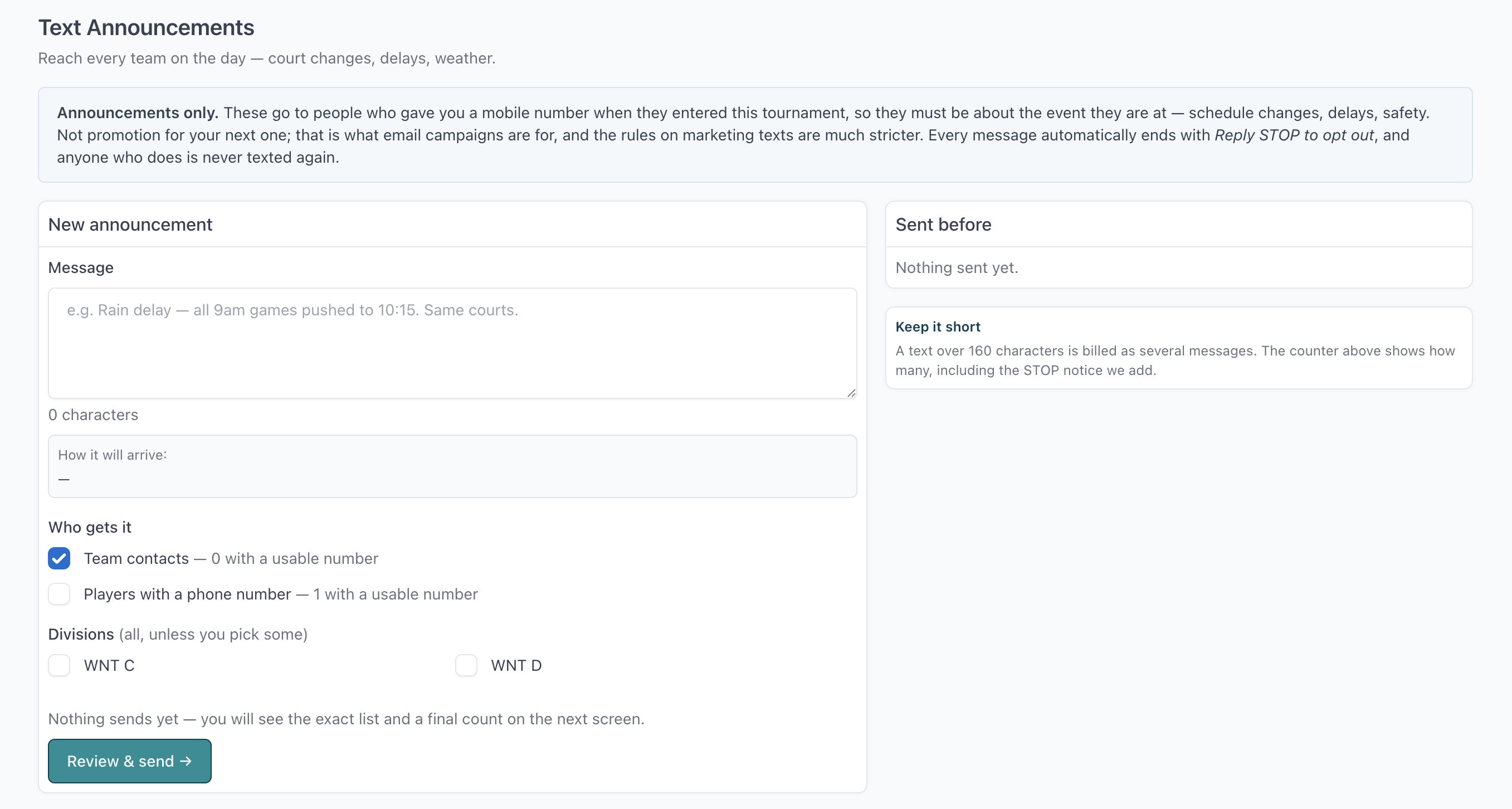Composing an SMS announcement, choosing the audience and message